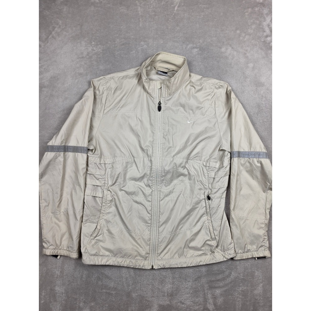 Nike Clima-FIT Windbreaker Jacket Womens M Beige Reflective Running Zip Up Y2K